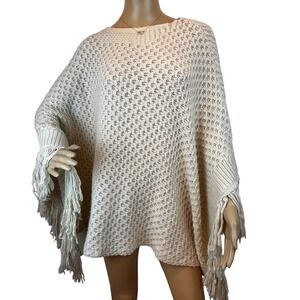 elan anthropologie white and cream knit tassel cozy poncho one size